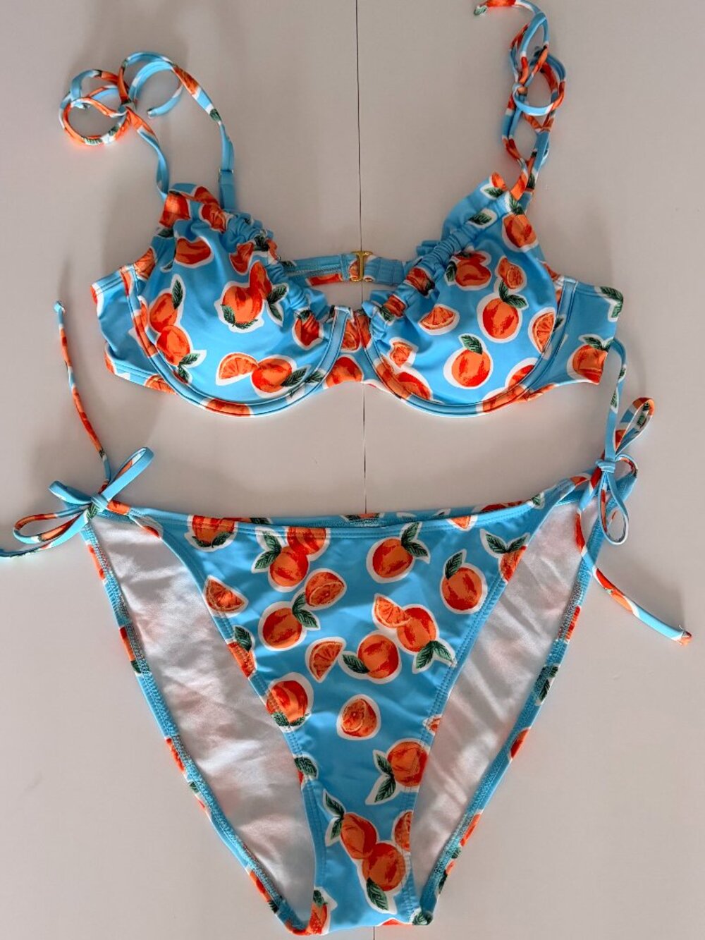 Wild Fable Lt Blue Orange Fruit Print Underwire Ruffle Tie Bikini Set Sz L NWOT